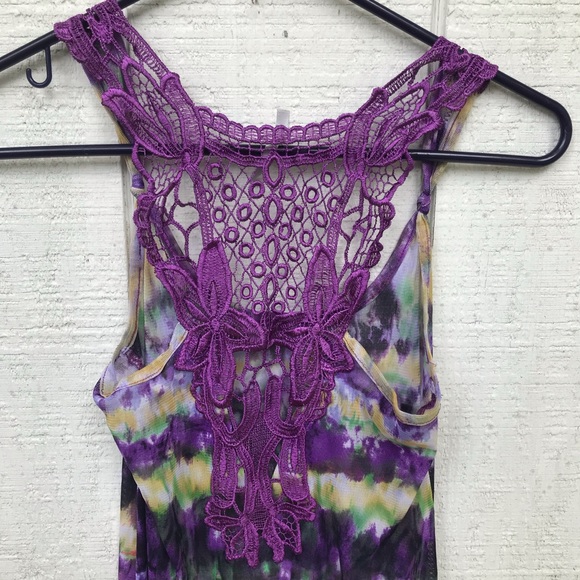 Semi sheer tie dyed crocheted back tank - Picture 1 of 14